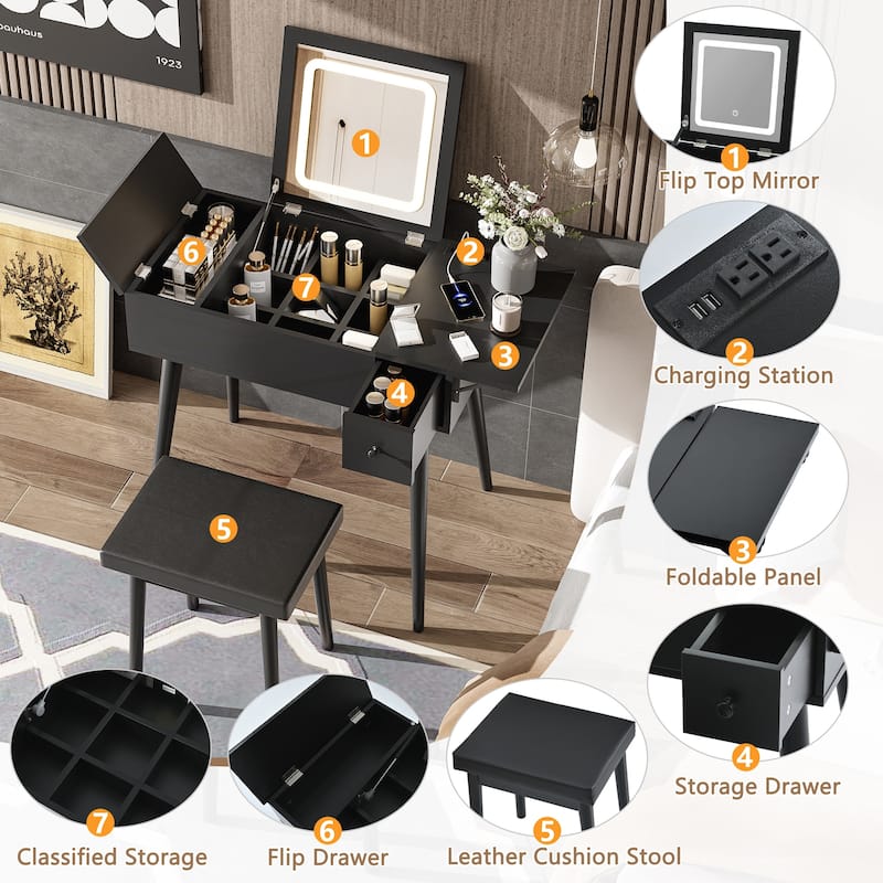 Black Makeup Vanity Desk with Flip Top Mirror