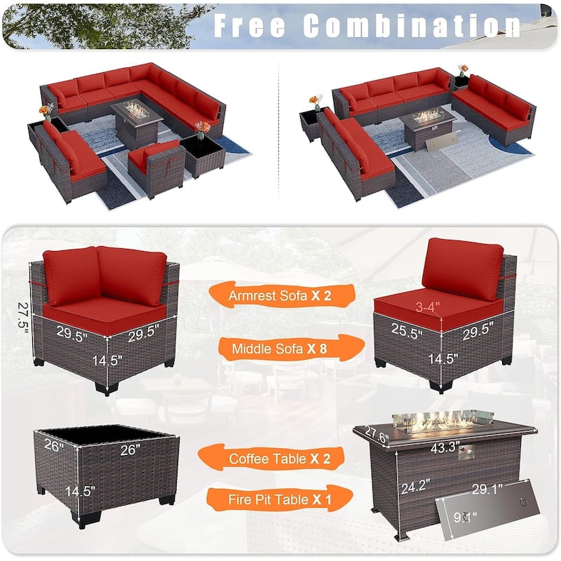 Kullavik 13 Pieces Outdoor Patio Furniture Set with Fire Pit Table