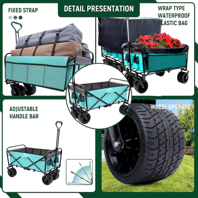 440lb Capacity Heavy-Duty Collapsible Wagon - with Storage Straps & 3-Piece Liner Bag Set