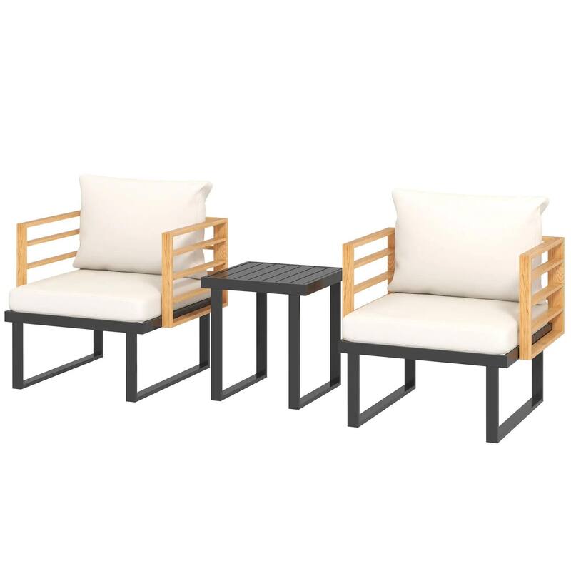 3-Piece Metal Patio Set, Small Cushioned Armchairs, Slatted Table