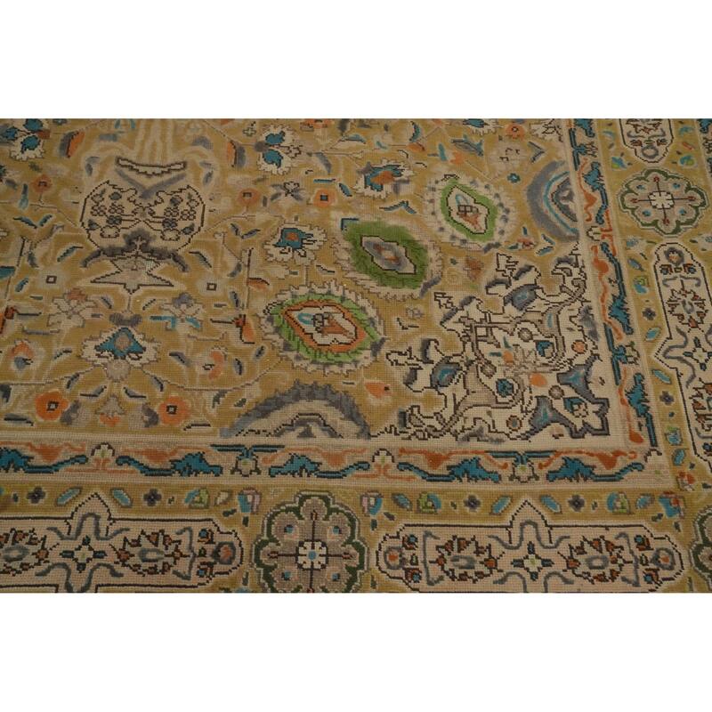 Hand Knotted Oriental 100% Wool Carpet Traditional Floral Yellow & Gold Tabriz Area Rug - 9' 7'' X 6' 5''