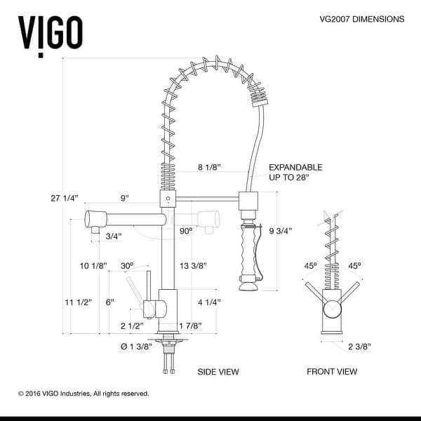 dimension image slide 1 of 2, VIGO Zurich 27" H Single Handle Pull-Down Sprayer Kitchen Faucet