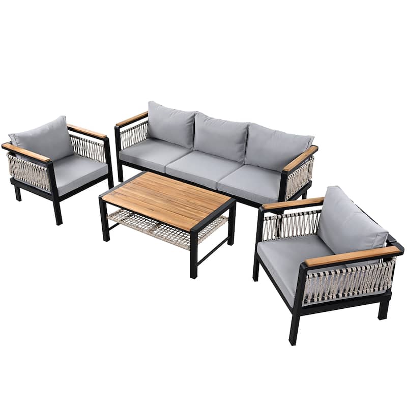 Outdoor Conversation Set with Cushions and Coffee Table, Set of 4 - Grey