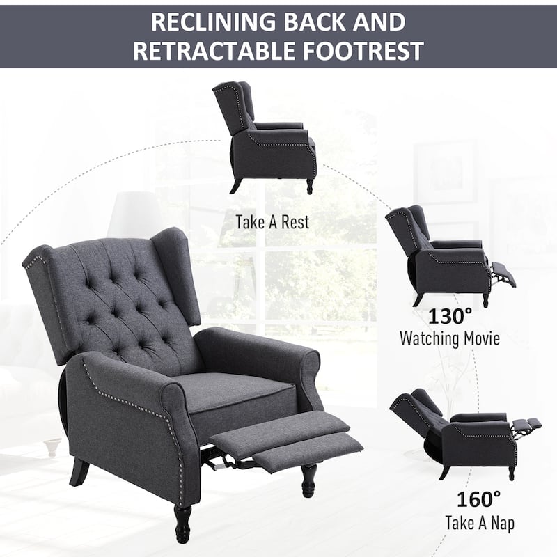 Grey Modern 26" Upholstered Buttons Tufted Recliner Chair with Footrest and Solid Wooden Legs