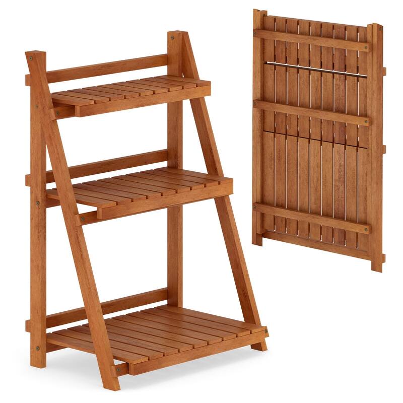 Gymax 3-Tier Wood Plant Stand Folding Flower Rack w/Ladder Design