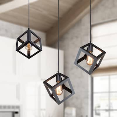 Modern Industrial 1-Light Black Square Pendant Light for Kitchen Island - L6.3"xW6.3"xH6.3"