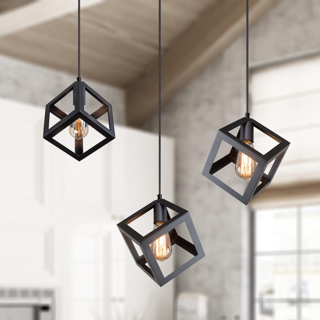 Modern Industrial 1-Light Black Square Pendant Light for Kitchen Island - L6.3"xW6.3"xH6.3"