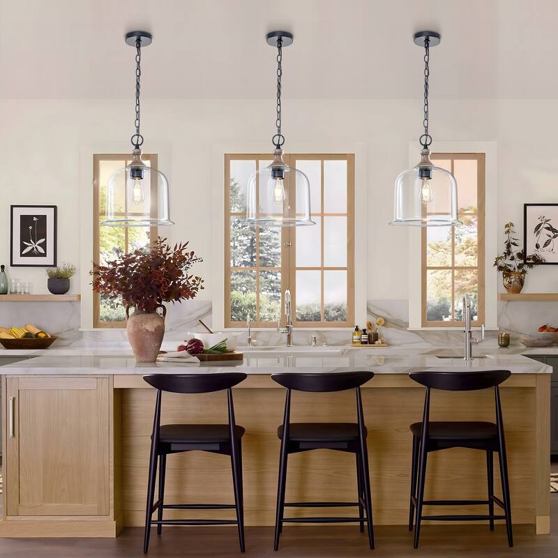 Starsky 1-Light Clear Glass Bell Jar / Cloche Pendant With Wood-Look Metal Accent - Cloche