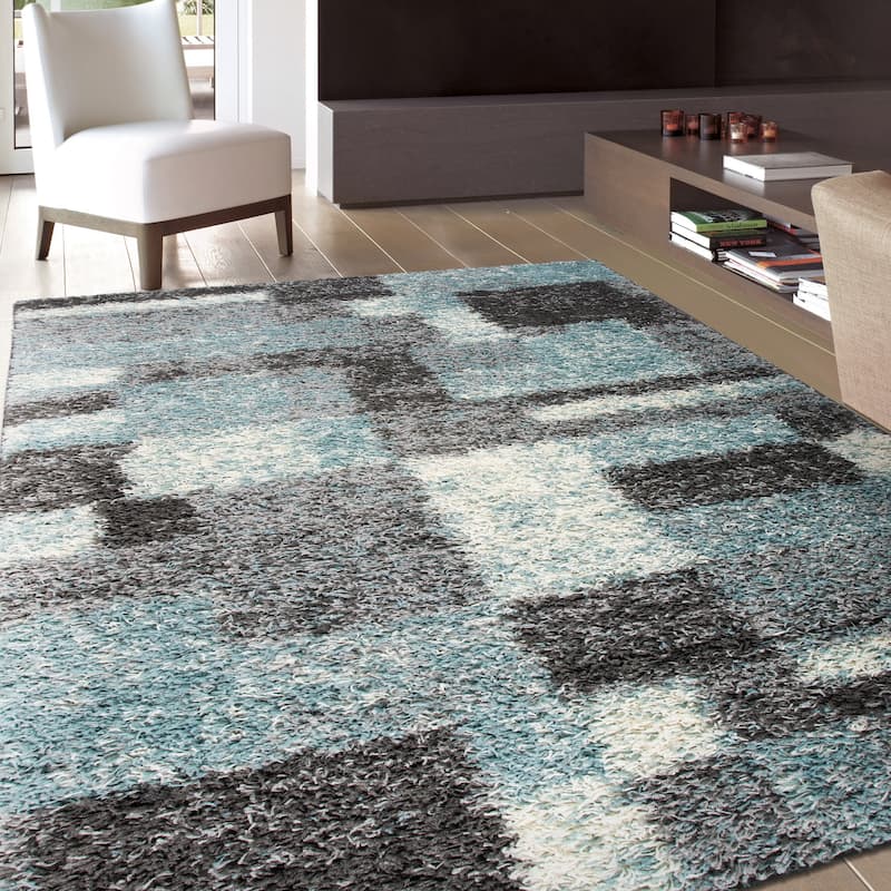 World Rug Gallery Distressed Modern Boxes Plush Shag Area Rug