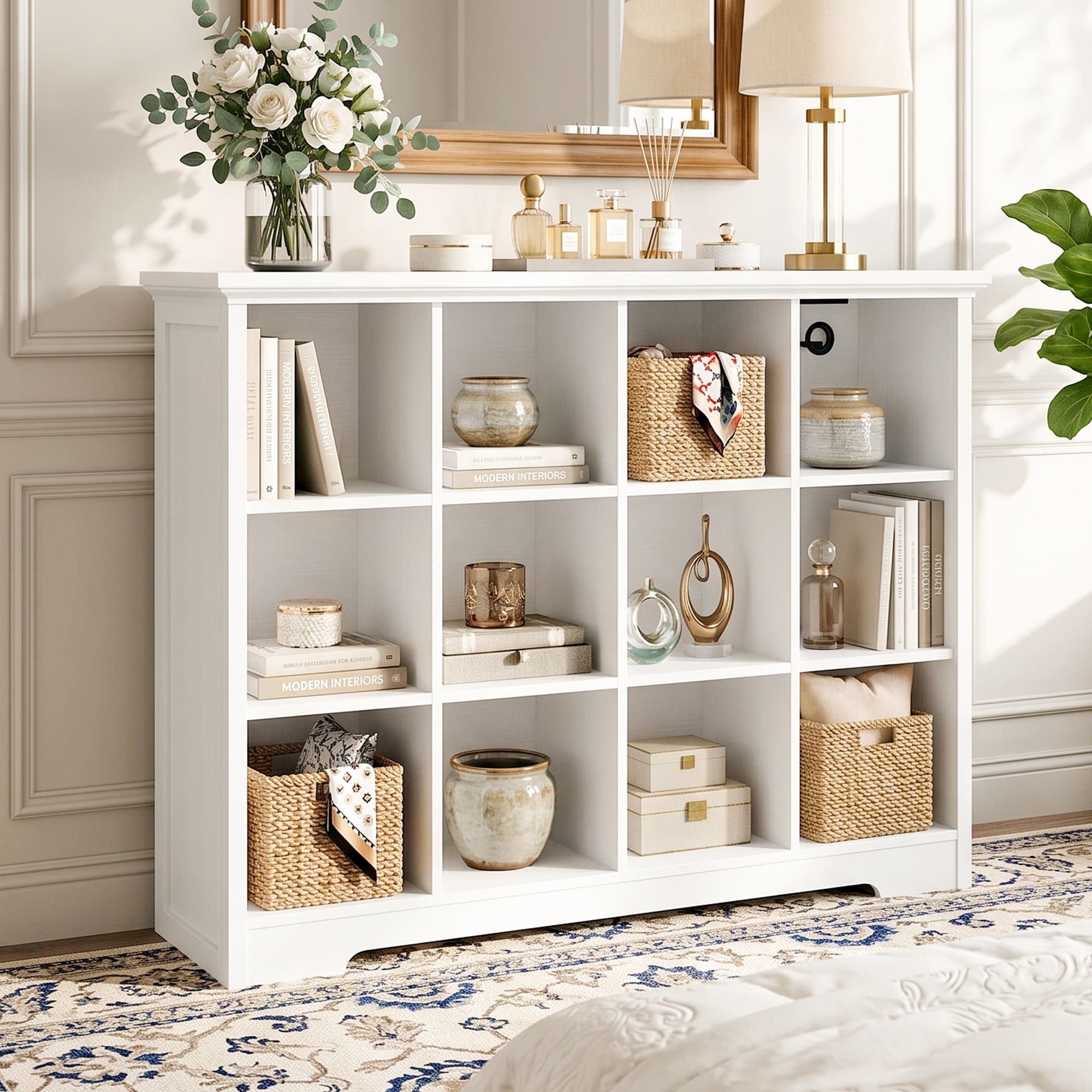 Cube Bookshelf Organizer with Charging Station, Decorative Open Cubby Storage Cabinet