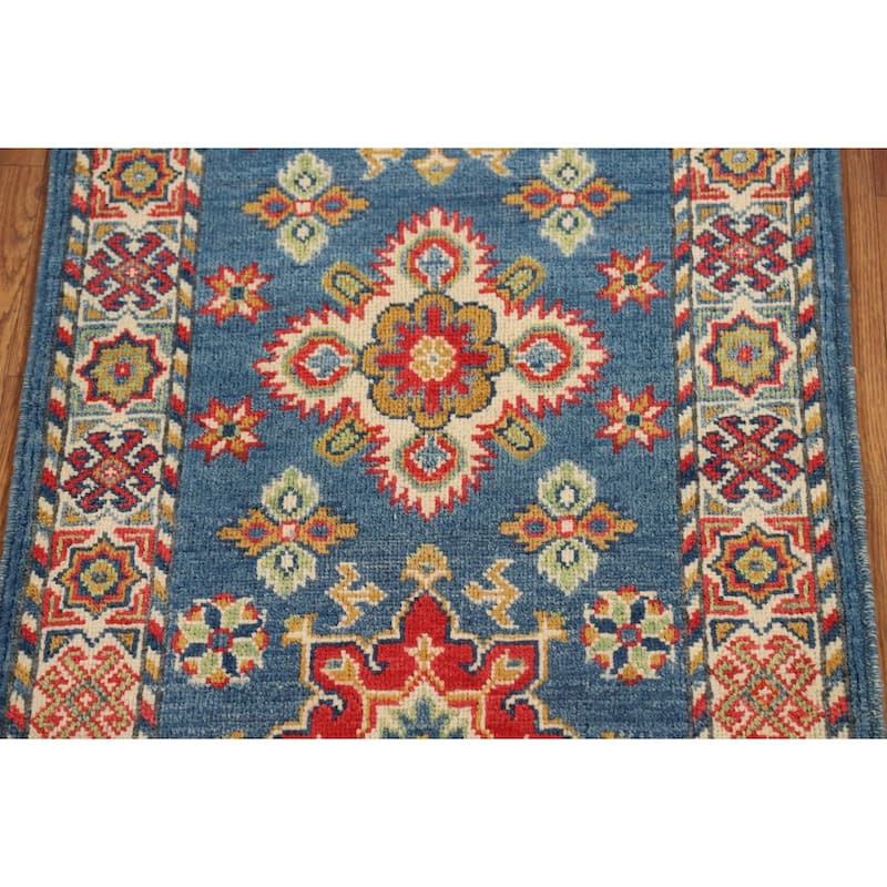 Blue Geometric Kazak Oriental Foyer Rug Handmade Wool Carpet - 2'0" x 3'0"