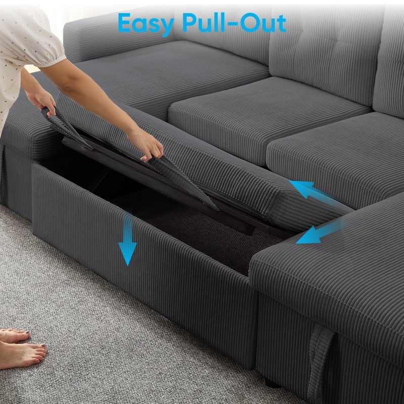 W103" Corduroy 4-Seater Modular Sleeper Sofa Bed with Storage Chaise,U-shaped Sofa with Pull-out Bed