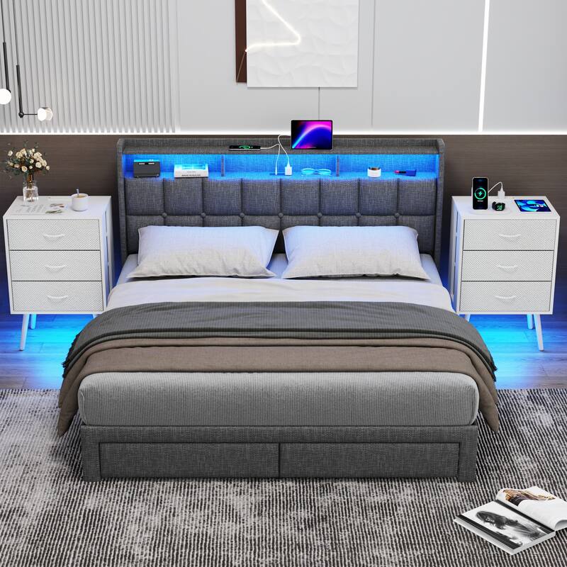 Modern 2-Piece Nightstand with LED Light and 3 Fabric Drawers
