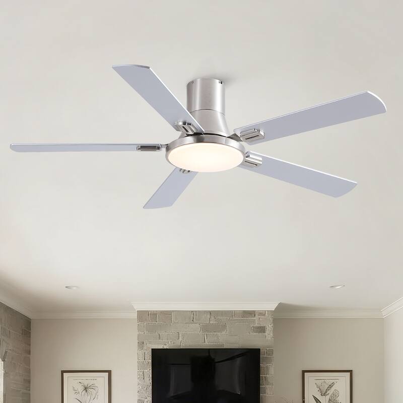 Sofucor 52 Inch Low Profile Flush Mount 5 Blades Ceiling Fan with Dimmable Light and Remote Control - 52 Inches - Nickel with White Plywood Blades