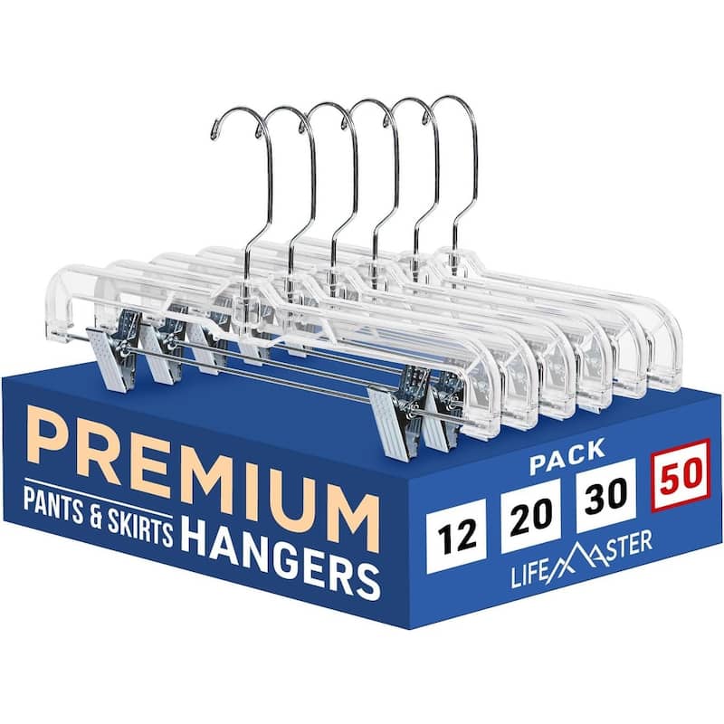 Clear Plastic Skirt Hangers with Adjustable Clips - Space-Saving - 50 Pieces