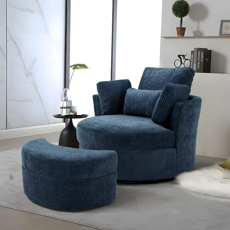 Chenille/Boucle Swivel Barrel Chair with Storage Ottoman
