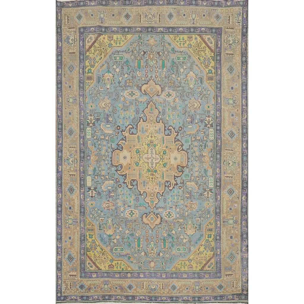 Hand Knotted Oriental 100% Wool Carpet Traditional Floral Navy Blue & Blues Tabriz Area Rug - 9' 0'' X 6' 3''