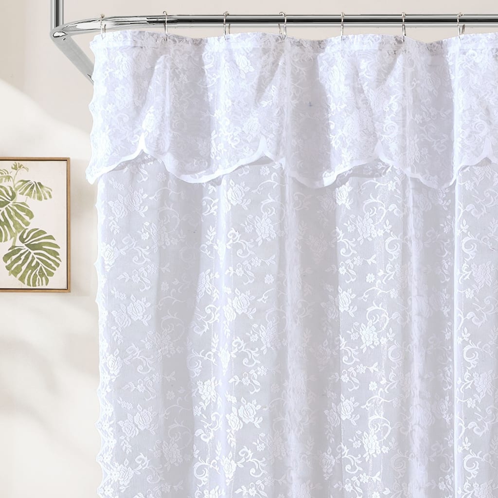HLC.ME Harper Lace Shower Curtain for Bathroom with Floral Vine Design and Attached Valance - Victorian Classic Style