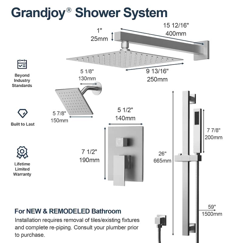 GRANDJOY Shower Faucet Set 10 and 6 inch Wall Mount Rainfall Dual Shower Heads with Handheld Shower Spray Combo High Pressure