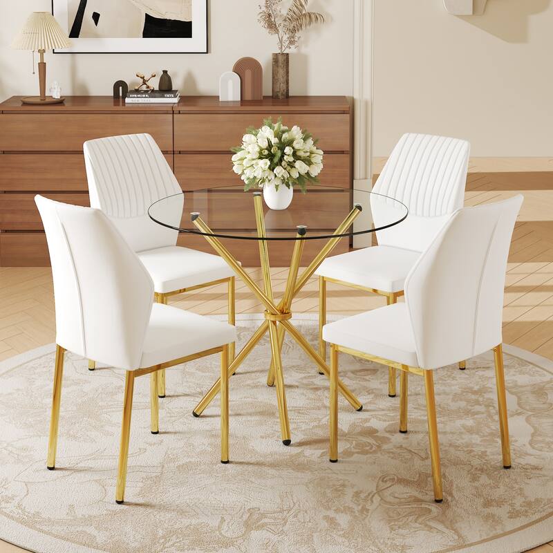 4-Piece Dining Set with Round Tempered Glass Table & Chairs - Modern Luxe Style for Living Room & Kitchen