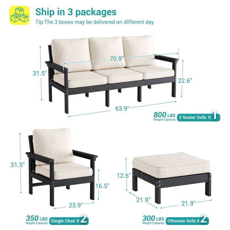 HIPS Outdoor Sofa Set with 3.9 Inch Cushions & Ottoman (Set of 5)