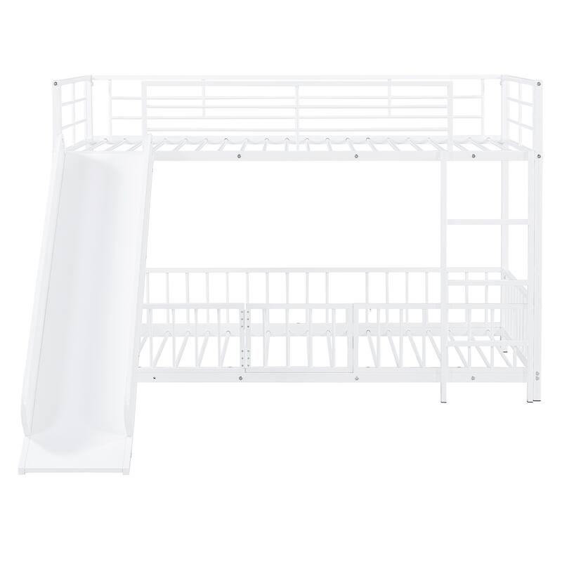 Twin over Twin Metal Bunk Bed with Slide, Guardrails & Convertible Loft Design - White
