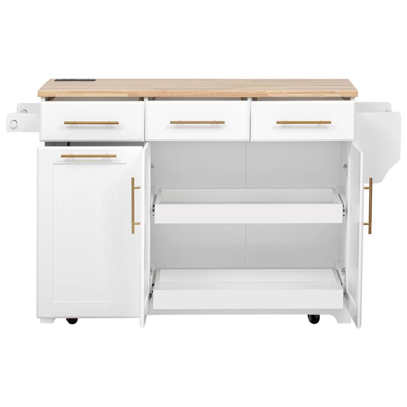 59.3" Rolling Kitchen Island with Storage 2 Pull Out Cabinet Organizers & Rubber Wood Drop Leaf,Trash Can Storage,Power Outlet