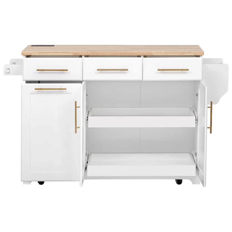 59.3" Rolling Kitchen Island with Storage and Pull-Out Organizers Rubber Wood Drop Leaf Rolling Design for Versatile Use