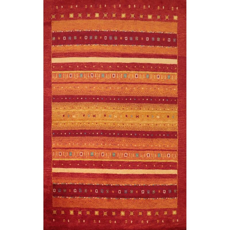 Hand Knotted Oriental 100% Wool Carpet Modern Stripe Oranges & Rust Gabbeh Area Rug - 7' 8'' X 5' 3''