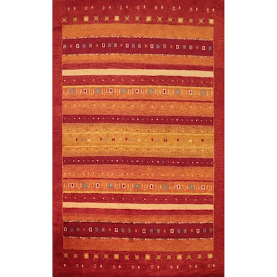 Hand Knotted Oriental 100% Wool Carpet Modern Stripe Oranges & Rust Gabbeh Area Rug - 7' 8'' X 5' 3''