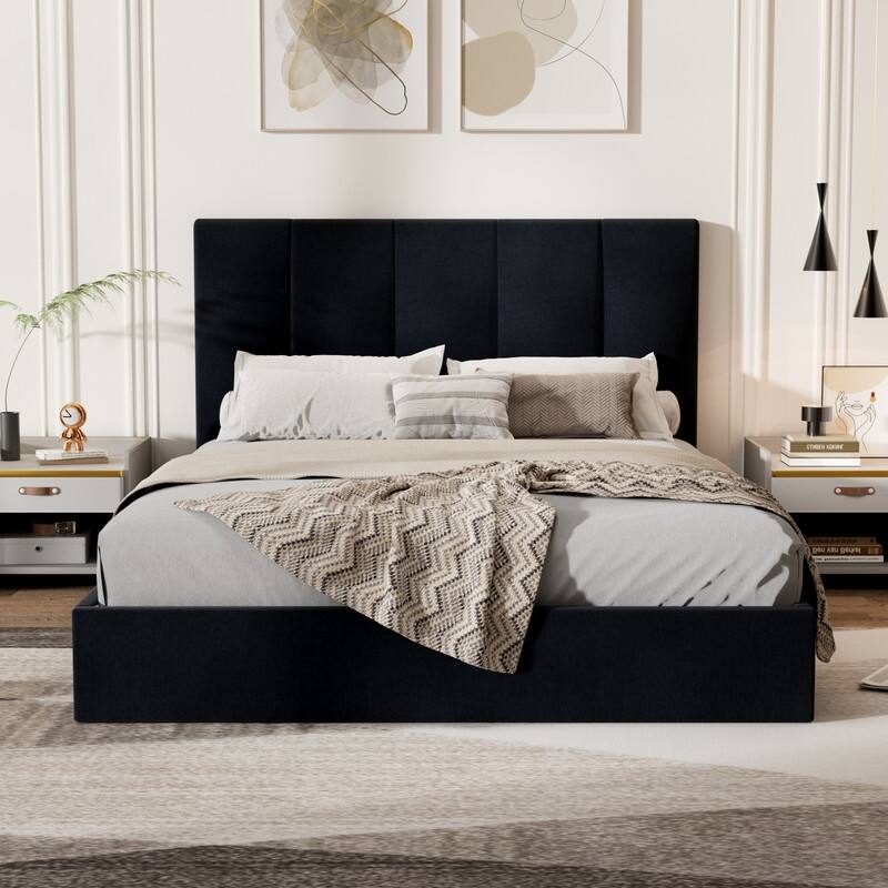 Modern Upholstered Lift-Up Storage Platform Bed with Headboard - Black - Queen
