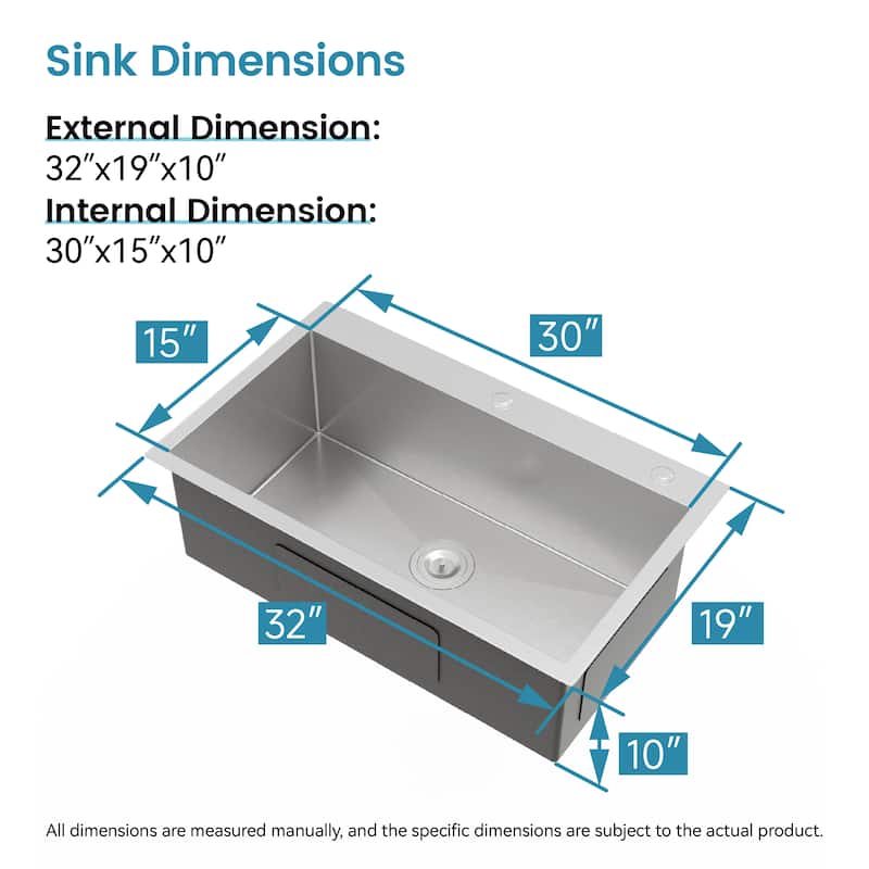 Stainless Steel Kitchen Sink, 32″x19″ Single Bowl, Overmount Handmade Sink in Brushed Nickel, with US Standard Drain and Hook