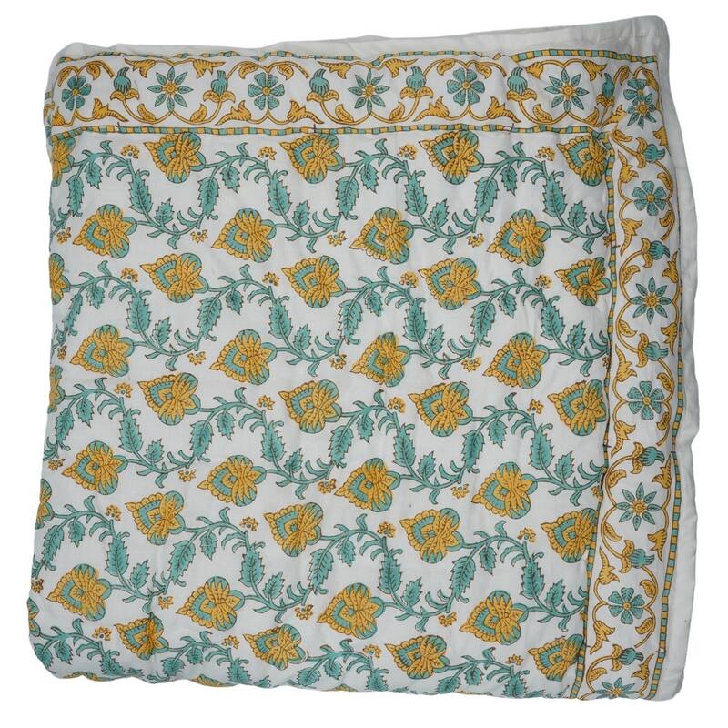 Fabdivine Hand Block Print Cotton Quilt, Soft & Luxurious Yellow Green Floral Madhubala Bedding, Reversible Lightweight Handmade - 68" X 86" - Yellow, Green