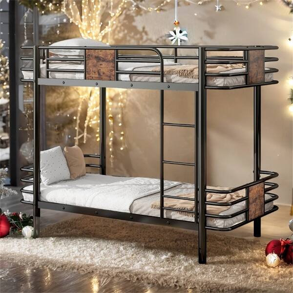 slide 2 of 23, Twin XL over Twin XL Metal Bunk Bed with MDF Board Guardrail and Two Storage Drawers Black