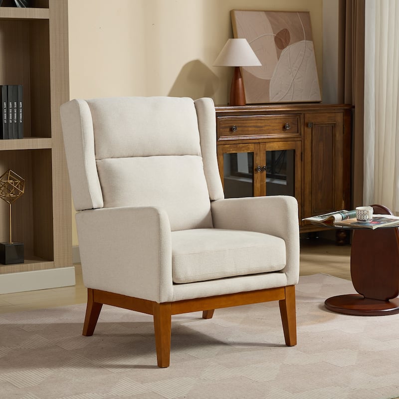 26.18" Wide Accent Chair,Polyester Blend High Back Reading Chair ,Upholstered Armchair Club Chair,Single Sofa with Wood Legs - Beige