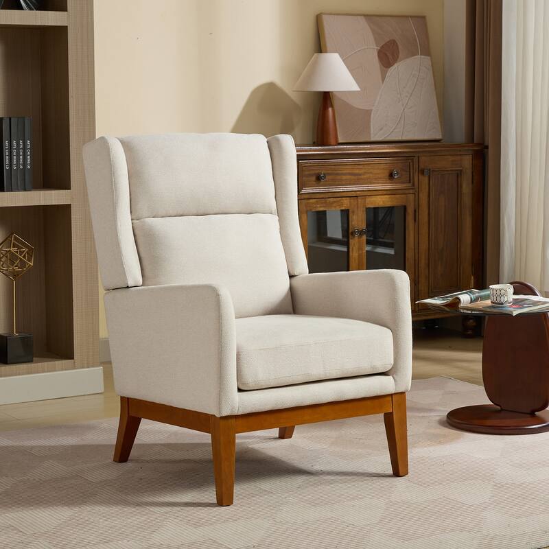 Modern Accent Wingback Chair,Polyester Blend High Back Reading Chair ,Upholstered Armchair Club Chair,Single Sofa with Wood Legs - Beige