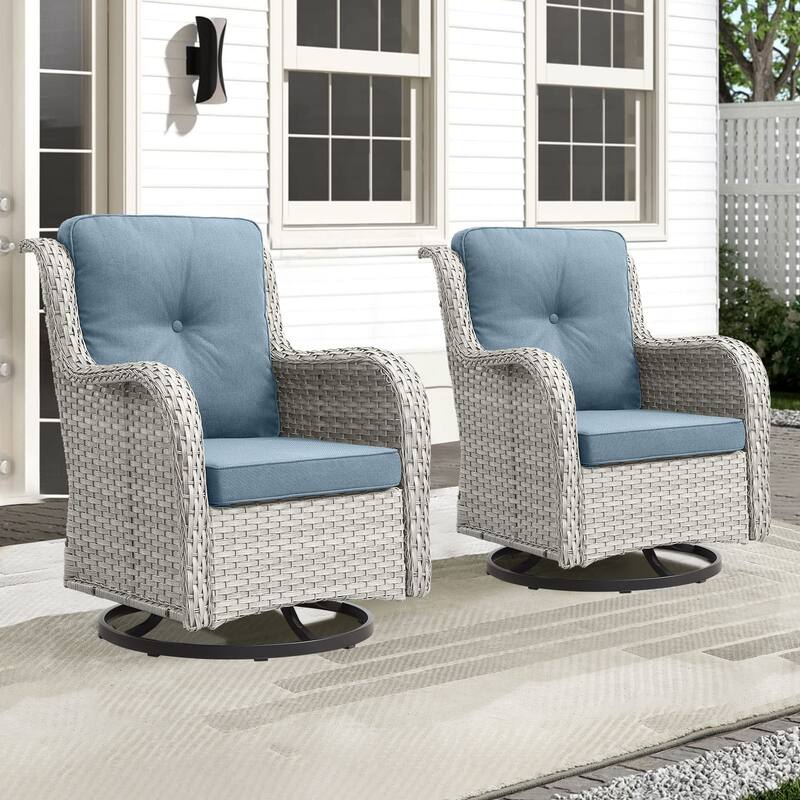 Pocassy Outdoor 4 Inch Swivel Chairs Glider Chairs - Light Beige Wicker Baby Blue Cushion - 2 Pieces Swivel Chair