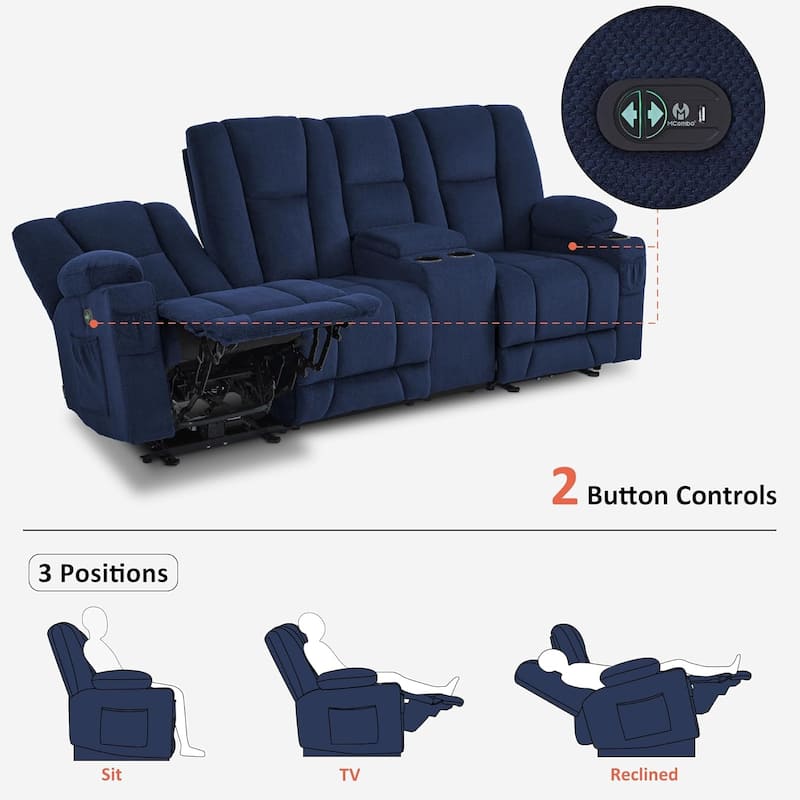 MCombo Electric Power Reclining Sofa with Massage and Lumbar Heat, Fabric 6015/6025/6035/6045