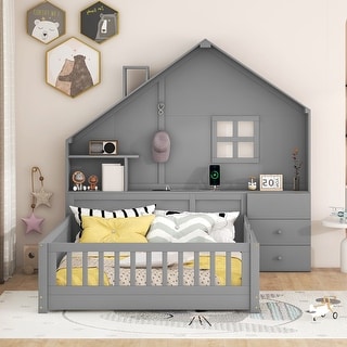 Full Size Wooden House Bed with Bedside Drawers & Shelves, House-Shaped Platform Bed with Power Outlet & USB Port for Kids Teens