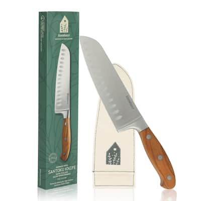 Bloomhouse 7 Inch German Steel Santoku Knife W/ Italian Olive Wood Forged Handle