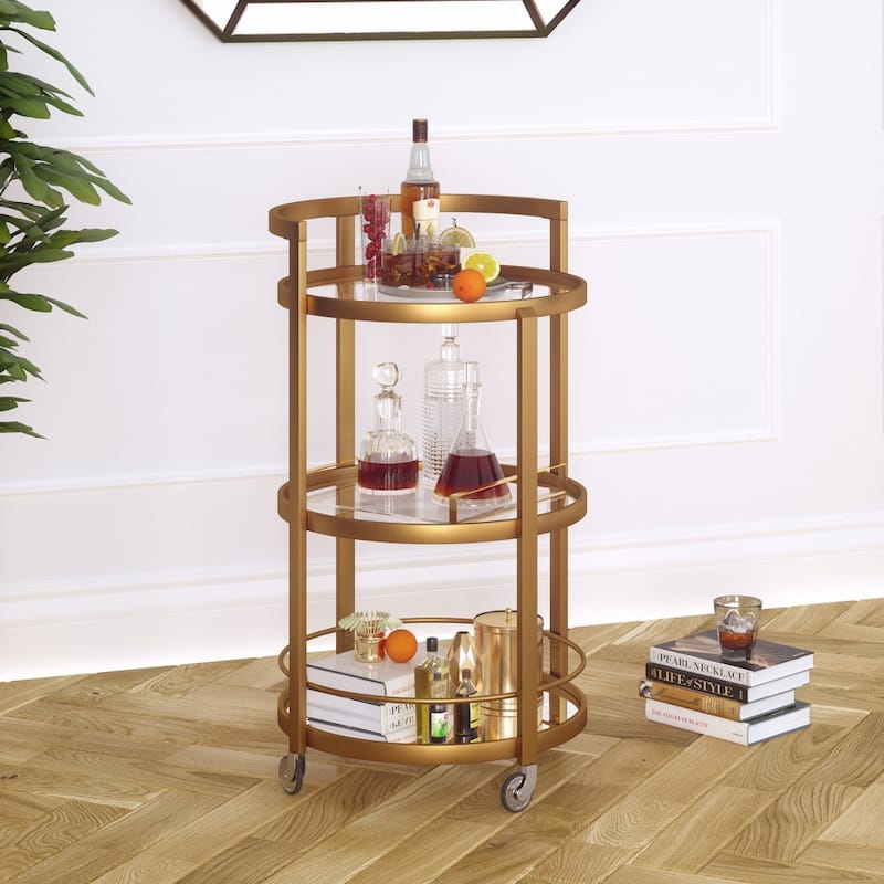 Modern Round Bar Cart with 3 Tempered Glass Shelves and Rolling Wheels - 21" x 21" x 36"