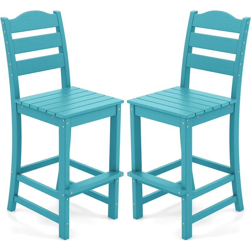 Gymax Set of 2 HDPE Bar Stool Patio Tall Chair Backrest Footrest All - Turquoise - Bar Height - Set of 2