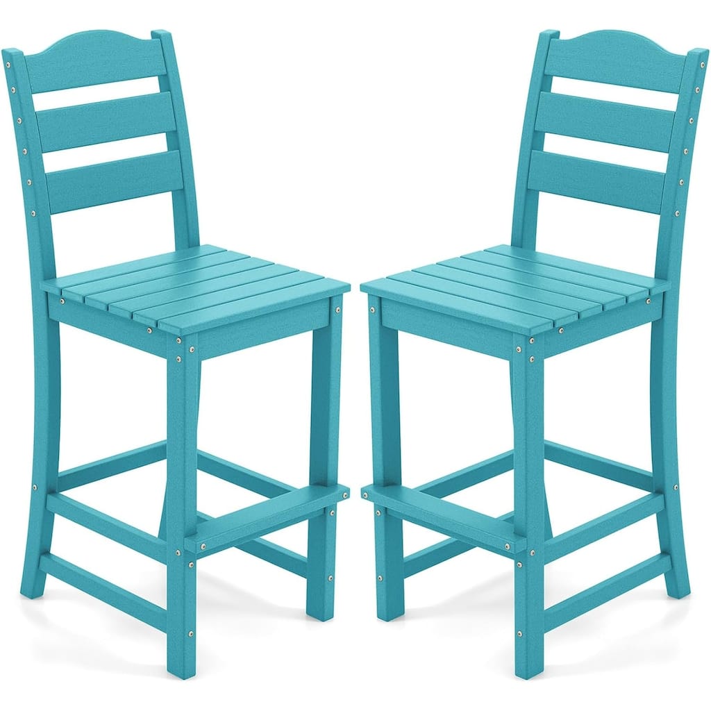 Gymax Set of 2 HDPE Bar Stool Patio Tall Chair Backrest Footrest All