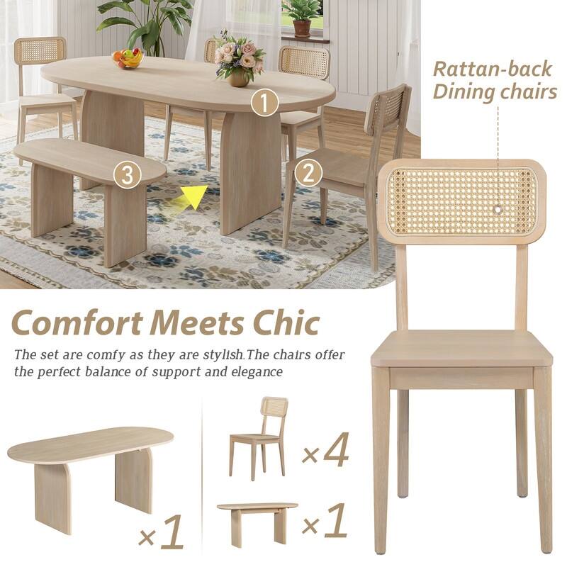 Oval Dining Table Set for 6 with Rattan Backrest Chair, 6-Piece Mid Century Modern Farmhouse Table with Chairs and Bench