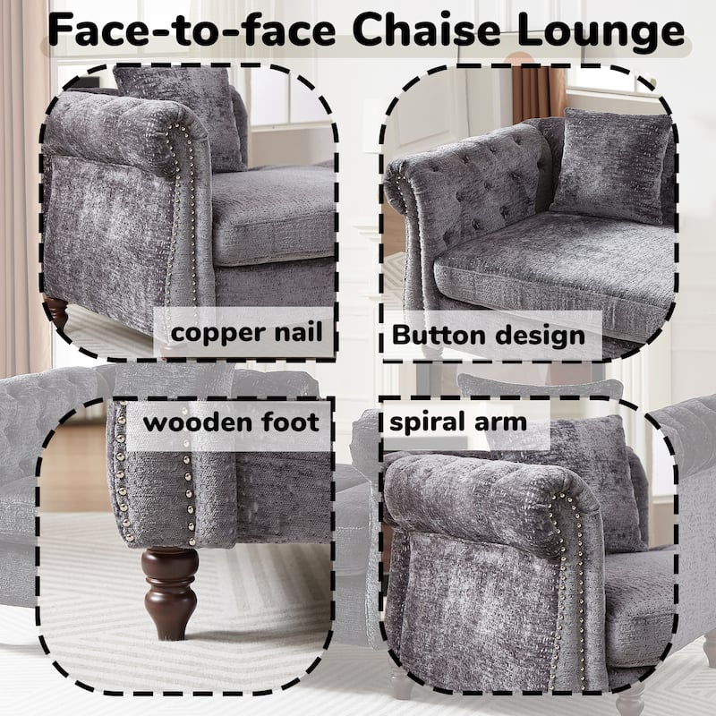 Roomfitters 81" Face-to-Face Chaise Lounge in Chenille, Button Tufted Rolled Arm Sofa with Nailhead Detailing
