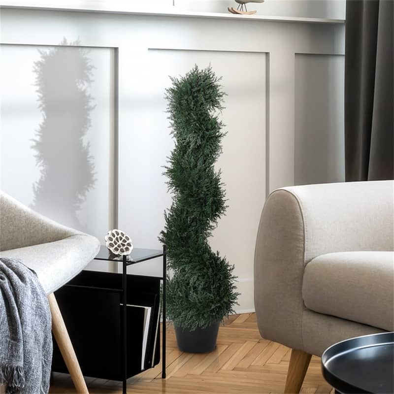 Artificial Spiral Cedar Topiary Tree 35.5 Inch Dark Green Faux Plant Indoor Outdoor Decorative with Cement Pot - Ф7" x 35.5" H