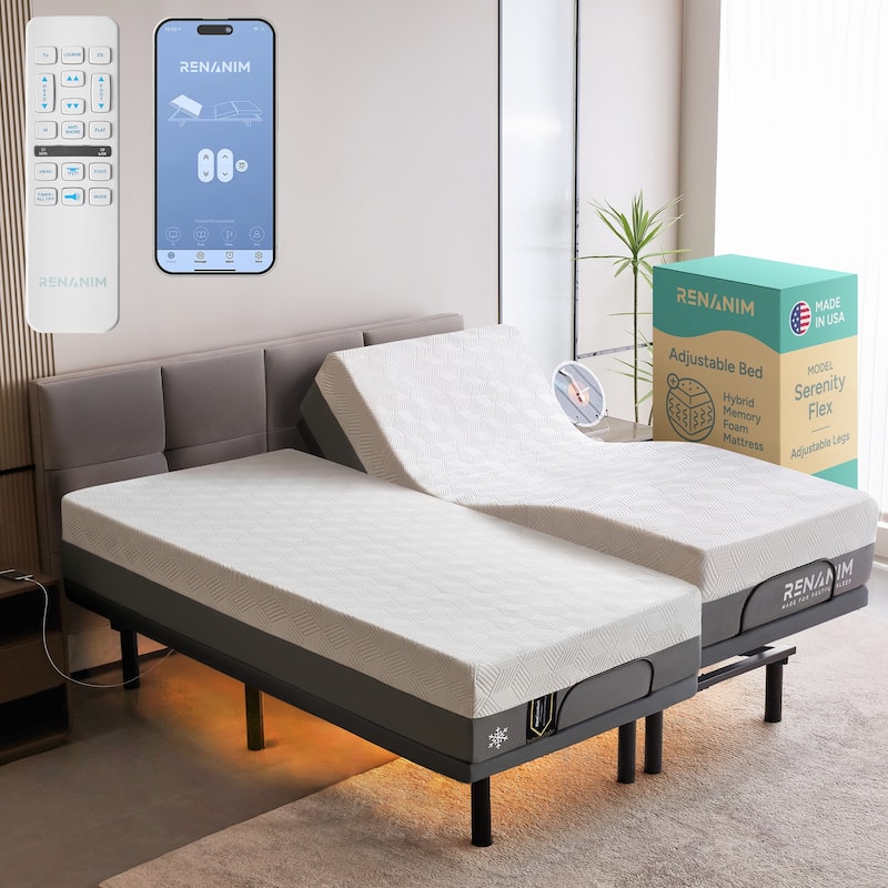 Renanim SF Adjustable Base w/ 12" Hybrid Mattress, Massage, USB, Underbed Light, App, Head & Foot Incline - Split King