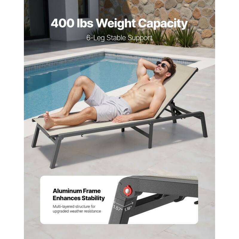 Grey and Black Outdoor Folding Chaise Lounge Chair with Adjustable Backrest and Aluminum Frame - 43.7” x 23.43” x 4.13”