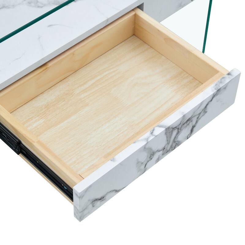 43.3 Inch Modern Two-Tier Coffee Table - Clear Tempered Glass and White Marble Texture, Multifunctional Storage Design.T