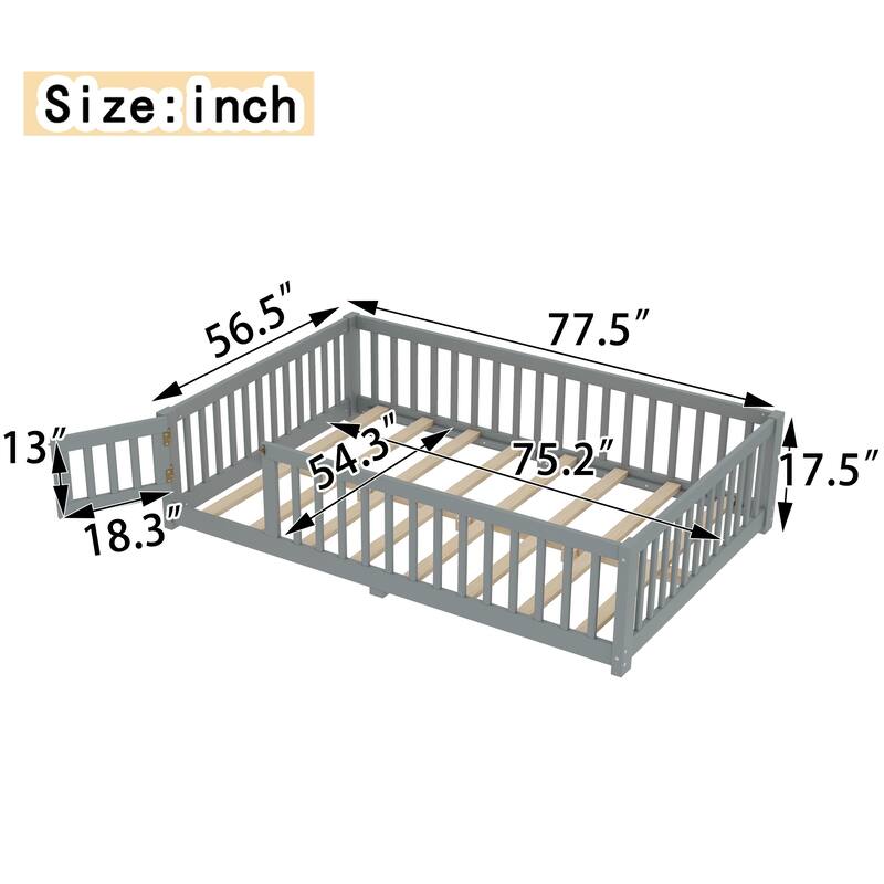 Gray Full Size Bed Floor Bed w/ Safety Guardrails for Kids